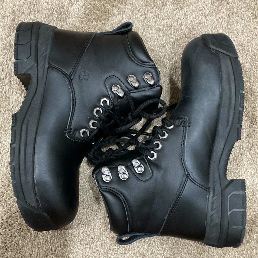 Shoes For Crews steal toe ankle black lace up work boots, never been worn.